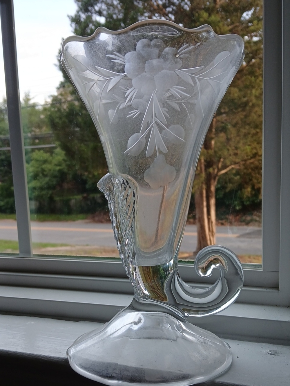 Etched Clear Glass Cornucopia Vase - Floral Motif